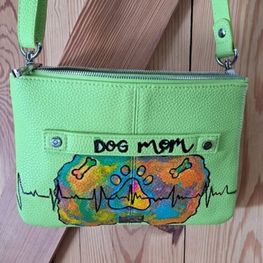 Hand Painted Faux Leather Lime Green Crossbody Dog Mom Bag Purse - Picture 3 of 13